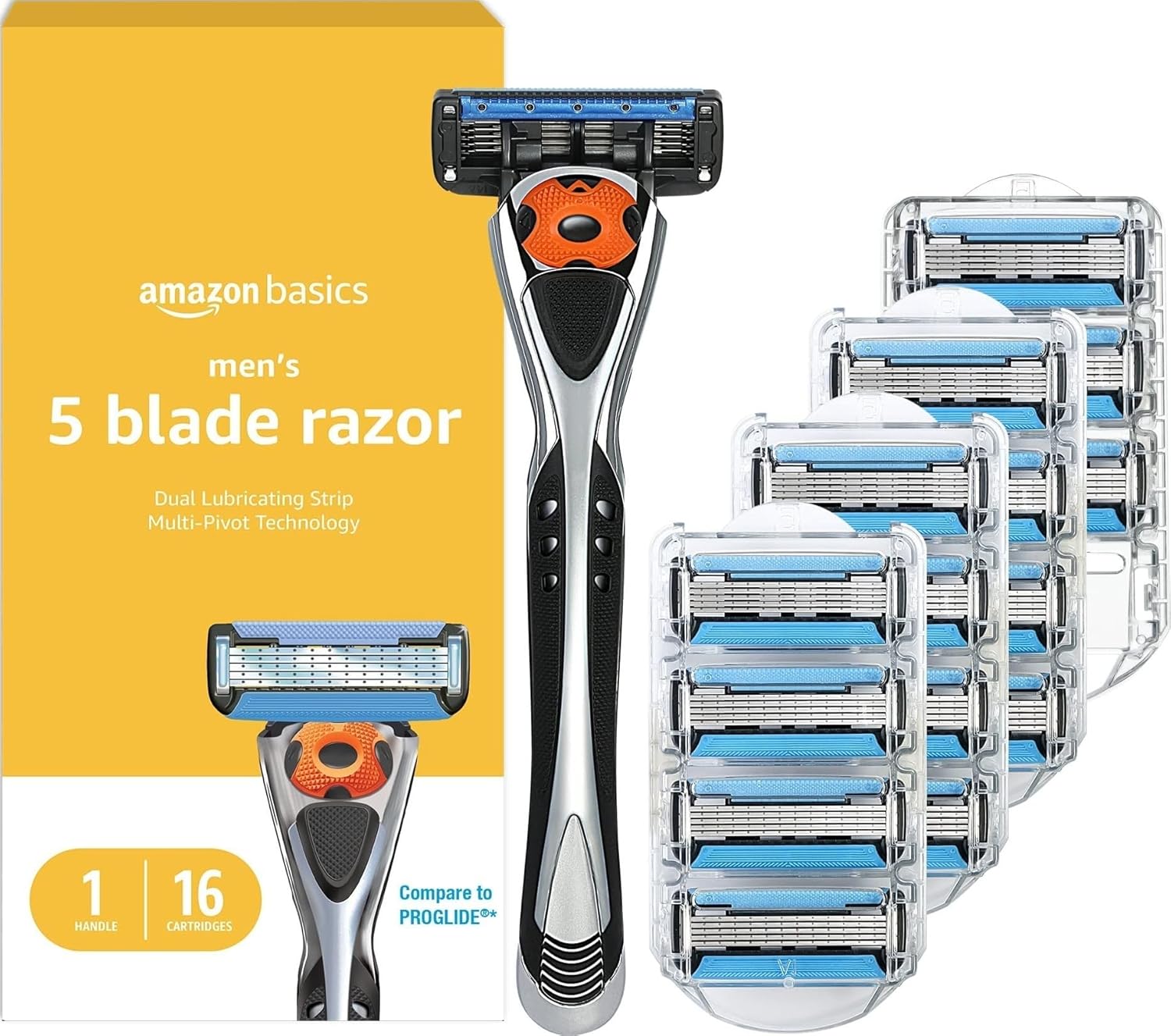 Basics 5-Blade MotionSphere Men's Razor with Dual Lubrication, Vitamin E, Precision Trimmer, 1 Handle & 16 Cartridges, Black