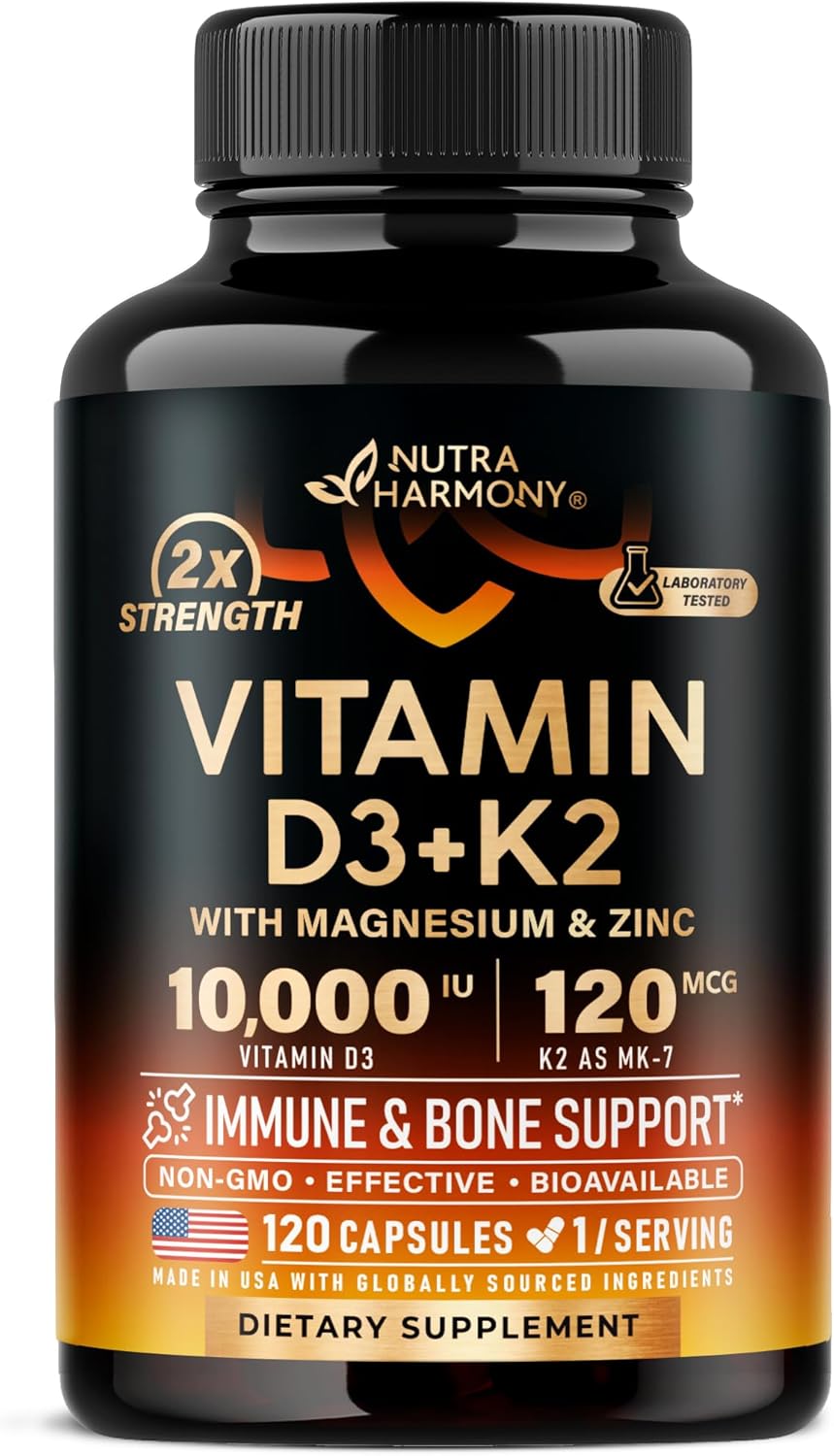 Vitamin D3 K2 - Vitamin D3 10000 iu & K2 as MK-7 120 mcg - Immune & Mood Support, for Bone & Teeth Health - with Magnesium, Zinc & Vitamin C & B12 - Highly Bioavailable - Made in USA, 120 Capsules : Health & Household