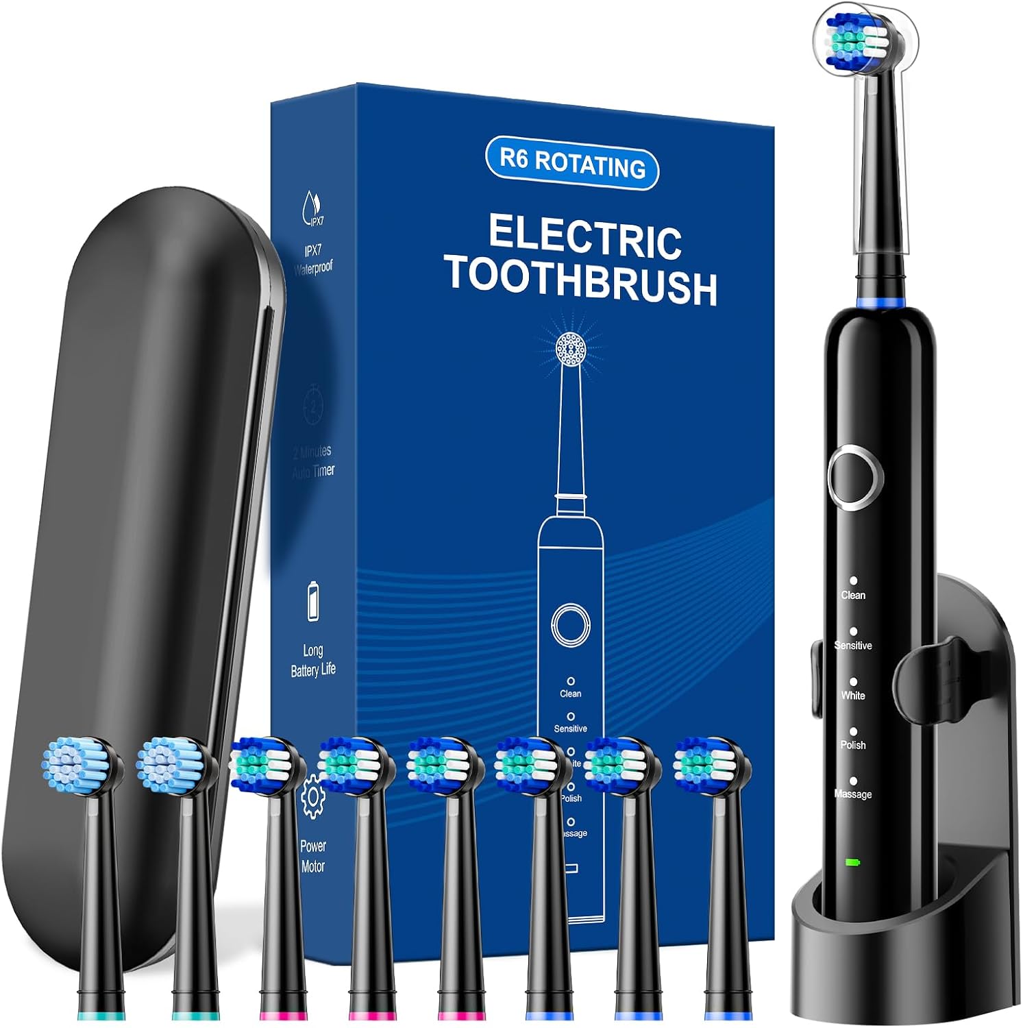 MCUDKIK Rotating Electric Toothbrush for Adults, 8 Brush Heads (2 Types) & Travel Case, 5 Cleaning Modes Rechargeable Power Toothbrush with 2-Minute Smart Timer, Black