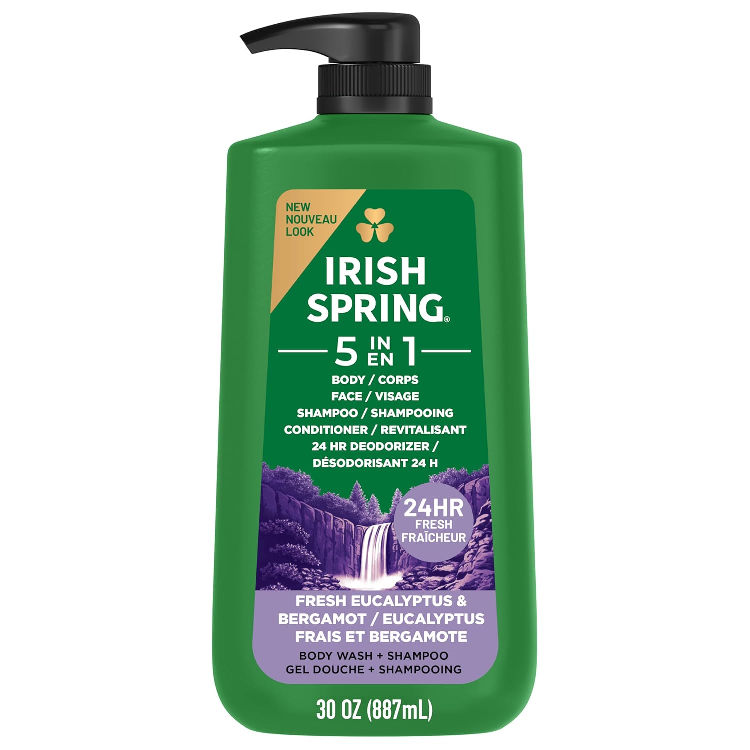 Irish Spring 5 in 1 Moisturizing Body Wash for Men, Shampoo, Conditioner, Body and Face Wash, and 24 Hour Deodorizer, Paraben-Free, Fresh Eucalyptus & Bergamot Scent, 30 fl oz - Packaging may vary.