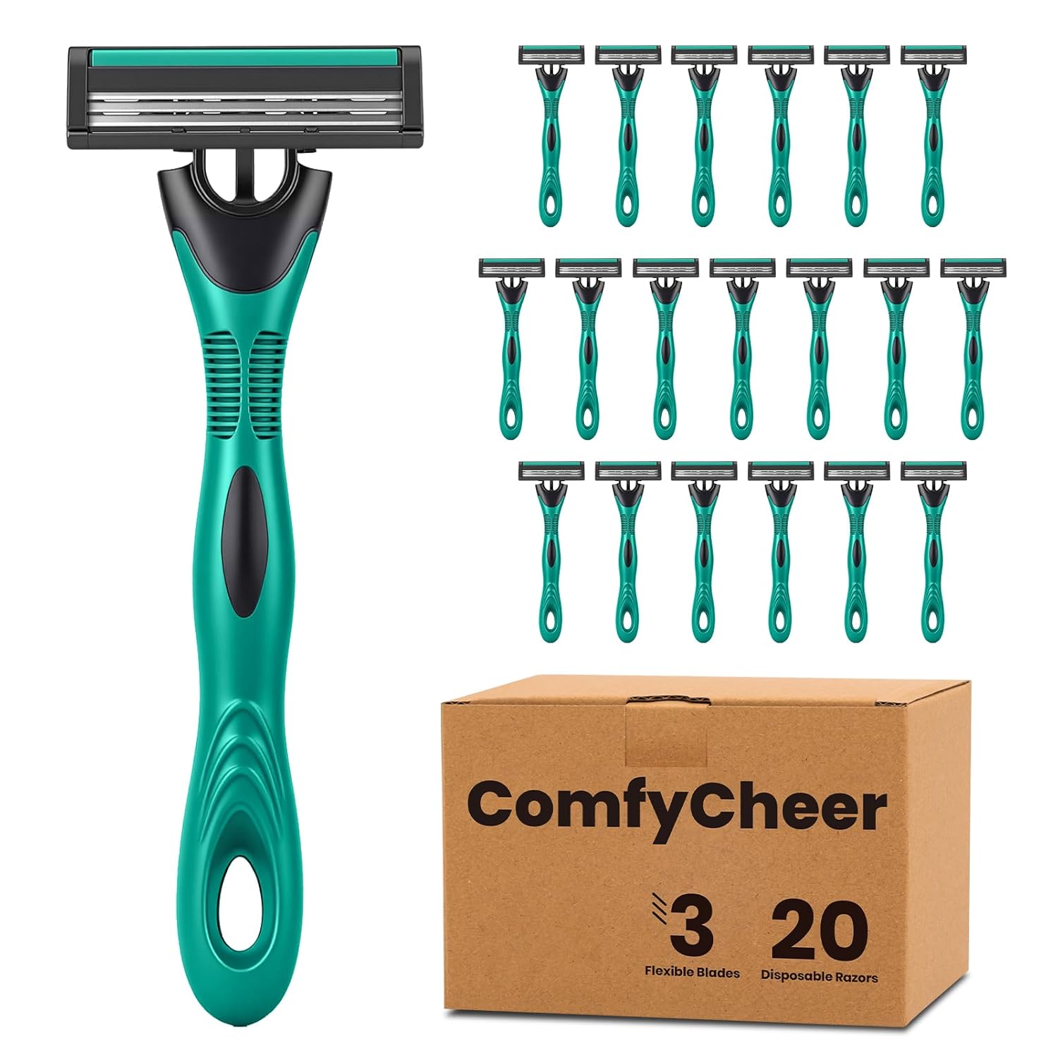 Comfycheer 20 count Disposable Razors Blades for Men,3-Blade Razors, Bulk Stainless Steel Shavers with Lubricating Strip for Shaving Sensitive Skin