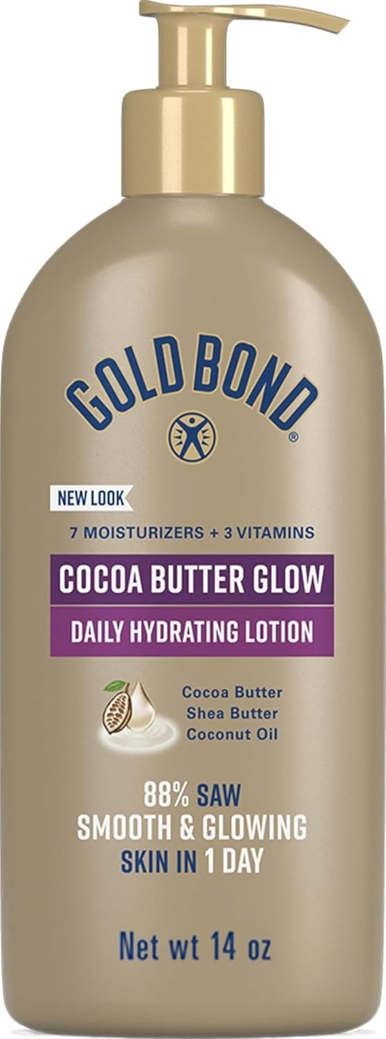 Gold Bond Cocoa Butter Glow Daily Hydrating Lotion with Shea Butter, Cocoa Butter & Coconut Oil, Exfoliating Moisturizer for Dry Skin, 14 oz.