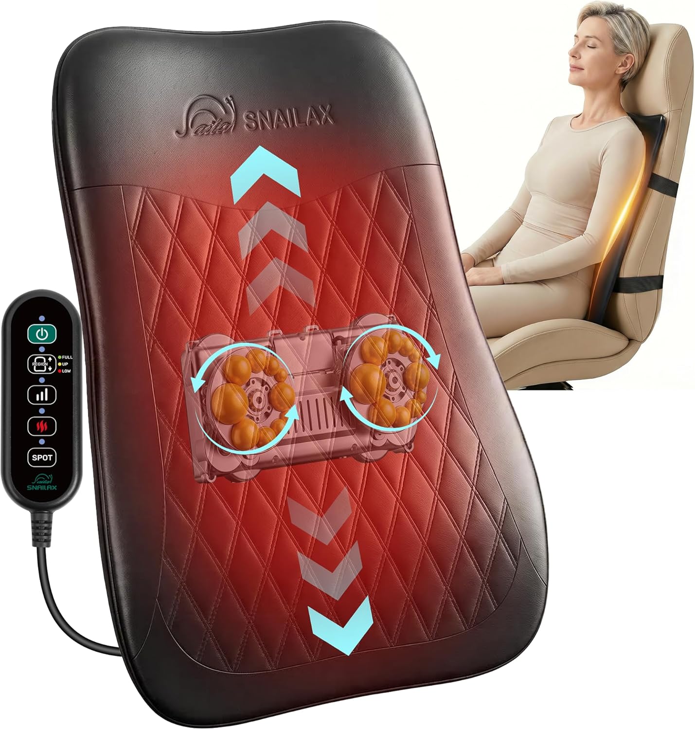 Snailax Shiatsu Back Massager with Heat, 4D Deep Tissue Massage Cushion for Full Back Relief, Adjustable Up & Down Rollers, 3 Speeds, Dual Heat Levels, Chair Massager for Home Office Use : Health & Household