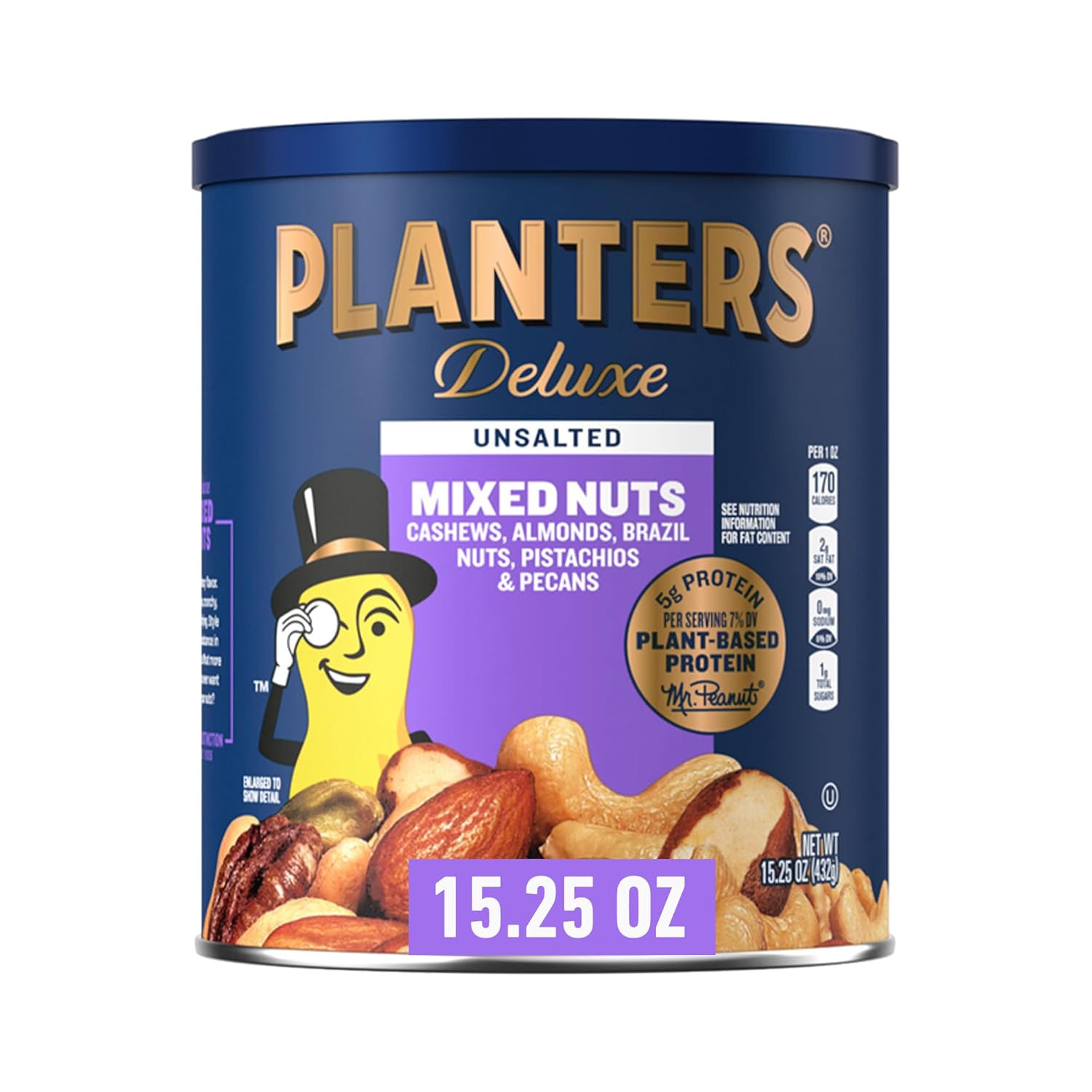 PLANTERS Unsalted Mixed Nuts, Cashews, Pistachios, Almonds, Brazil Nuts, and Pecans, Plant-Based Protein Snacks, 15.25 oz Canister : Grocery & Gourmet Food