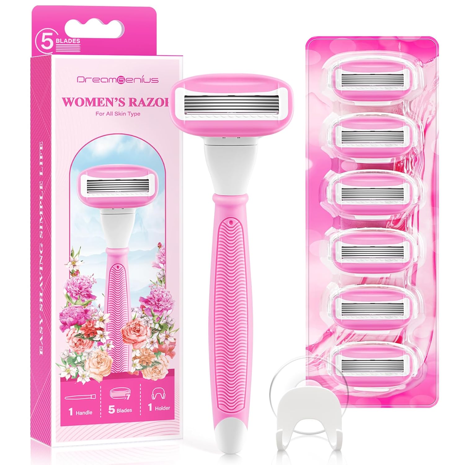 Razors for Women Include 1 Non-Slip Handle and 7 Blade Refills with a Shower Holder, 5 Premium Blades Women's Razors for Shaving with 360° Lubrication Reduces Irritation, Pink