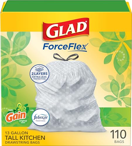 Glad ForceFlex Tall Kitchen Trash Bags, 13 Gal, Gain Original with Febreze, 110 Ct (Pack May Vary) : Health & Household