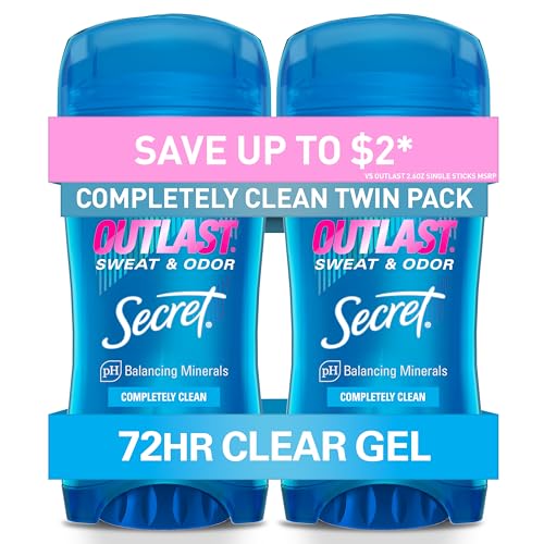 Secret Outlast Antiperspirant Deodorant for Women, 72hr Sweat & Odor Protection, PH Balancing Minerals, Pro-Hyaluronic Acid, Clear Gel, Completely Clean Scent, 2.6 oz (Pack of 2) : Beauty & Personal Care