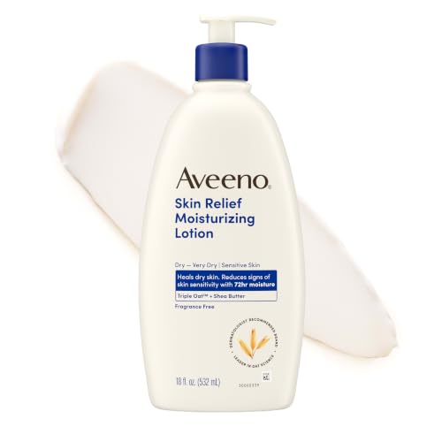 Aveeno Skin Relief Moisturizing Body Lotion Heals Very Dry, Sensitive Skin, Fast Absorbing Lotion with Soothing Triple Oat & Shea Butter Formula, Fragrance Free Lotion, Non-Comedogenic, 18 Fl Oz : Beauty & Personal Care