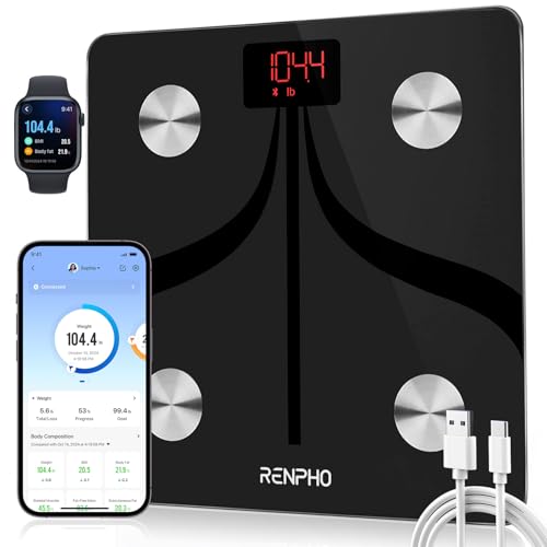 RENPHO Smart Scale for Body Weight, Type-C Rechargeable Digital Bathroom Scale, Electronic 13 Body Composition Monitor with Smartphone App, 400 lbs, Black, Elis 1 (11 inch) : Health & Household