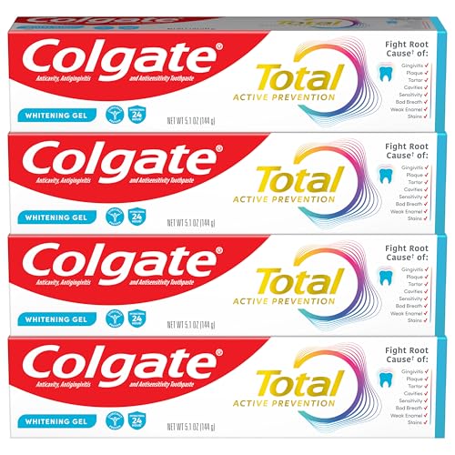 Colgate Total Active Prevention Whitening Gel Toothpaste with Fluoride, Bulk with Clinically Proven Formula That Fights Plaque Bacteria, Mint, 4 Pack, 5.1 oz : Health & Household