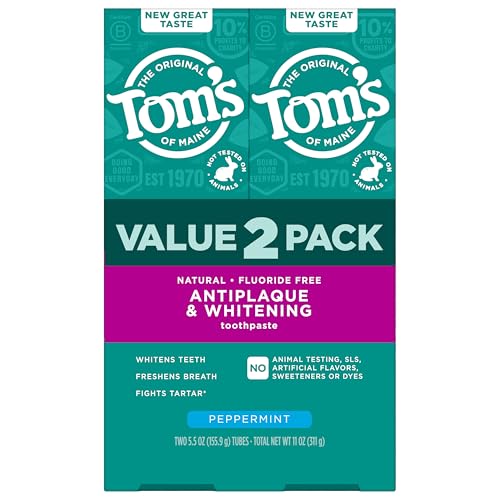 Tom's of Maine Fluoride-Free Antiplaque & Whitening Natural Toothpaste, Peppermint, 5.5 oz. (Pack of 2) : Health & Household