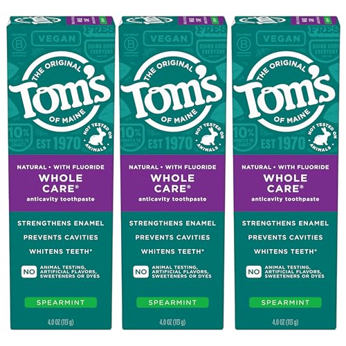 Tom's of Maine Whole Care Natural Toothpaste with Fluoride, Spearmint, 4 Ounce (Pack of 3), (Packaging May Vary) : Health & Household