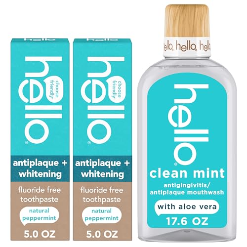 Hello Antiplaque Whitening Fluoride Free Toothpastes and Clean Mint Alcohol Free Mouthwash Bundle Pack, Whitening Toothpaste and Antigingivitis Gum Mouthwash Pack, No Alcohol for Zero Burning : Health & Household
